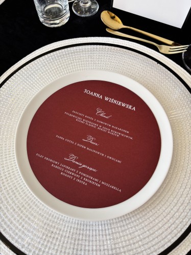 okrągłe menu z winietką bordowe z białym drukiem