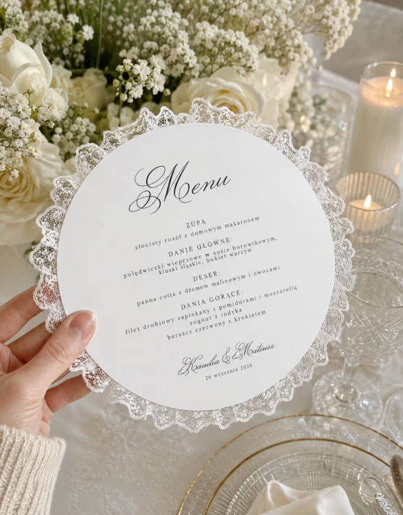 menu weselne okrągłe z koronką