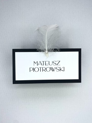 Winietki  z klasyczną czcionką, piórkiem i perełką
