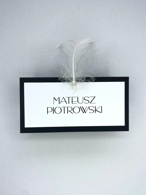 Winietki  z klasyczną czcionką, piórkiem i perełką