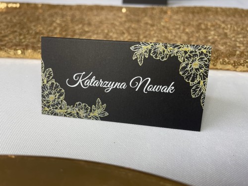 Winietki czarne ze złotymi kwiatami i białym tekstem